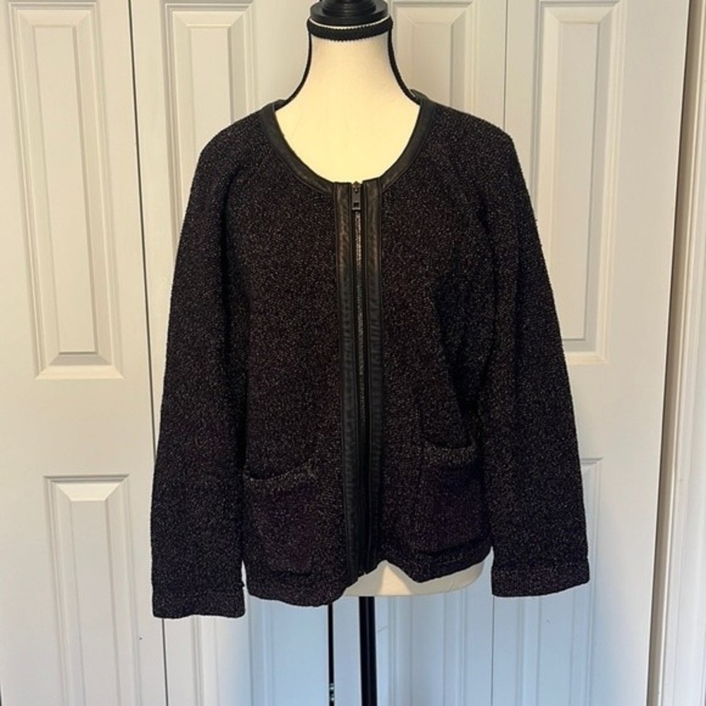 NWOT Purple Rag and Bone real leather trim quarter sleeve full zip sweater Large